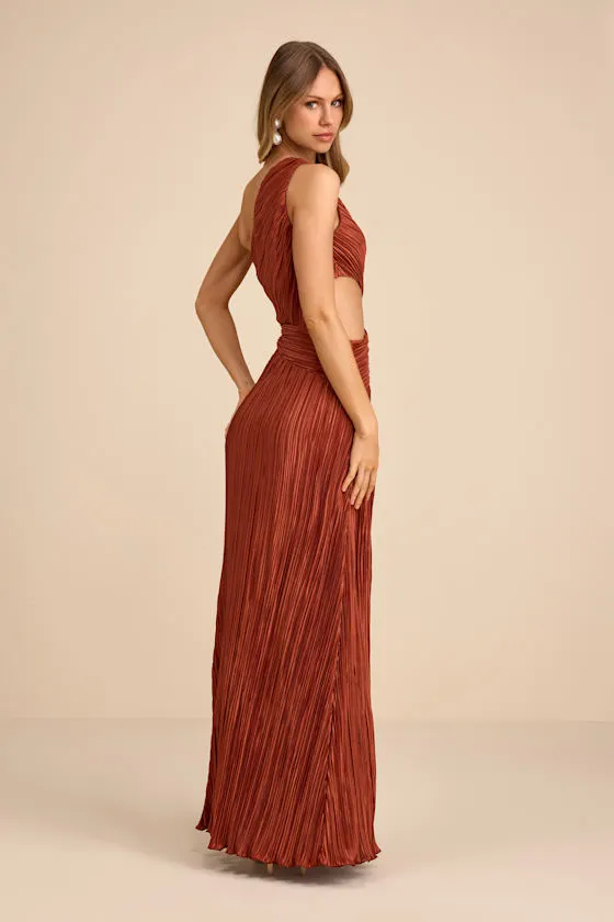 Rocca Rust Plisse Pleated Cutout One-Shoulder Maxi Dress