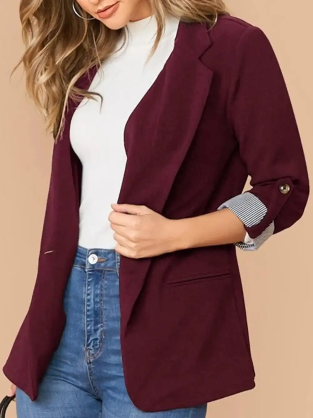 Lapel Collar Roll Tab Sleeve Blazer