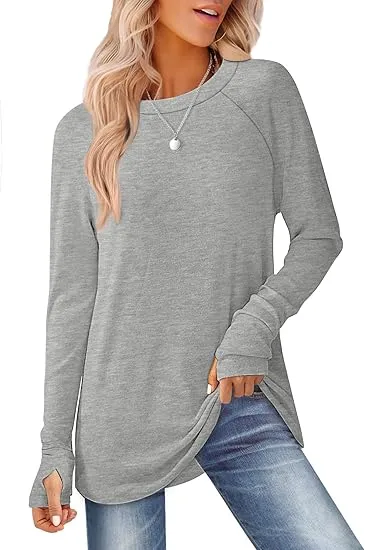 Womens Tunic Tops to Wear with Leggings Long Sleeve Thumb Hole Shirts Crew Neck Curved Hem
