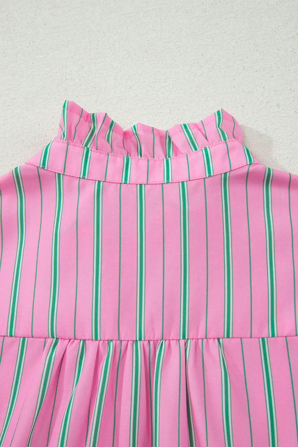 Pink Stripe Ruffle Trim Half Button Short Puff Sleeve Blouse