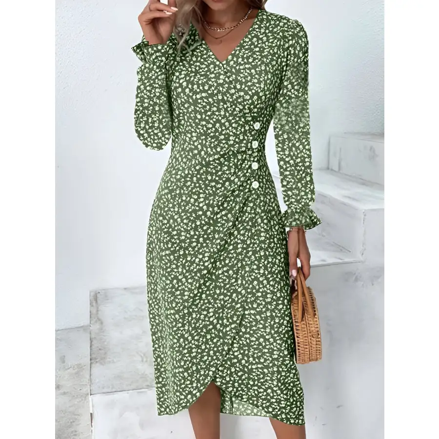 Full Size Surplice Long Sleeve Midi Dress