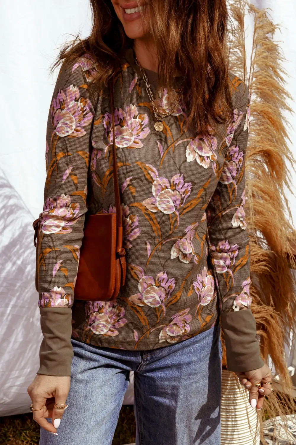 Floral Waffle Texture Long Sleeve Top