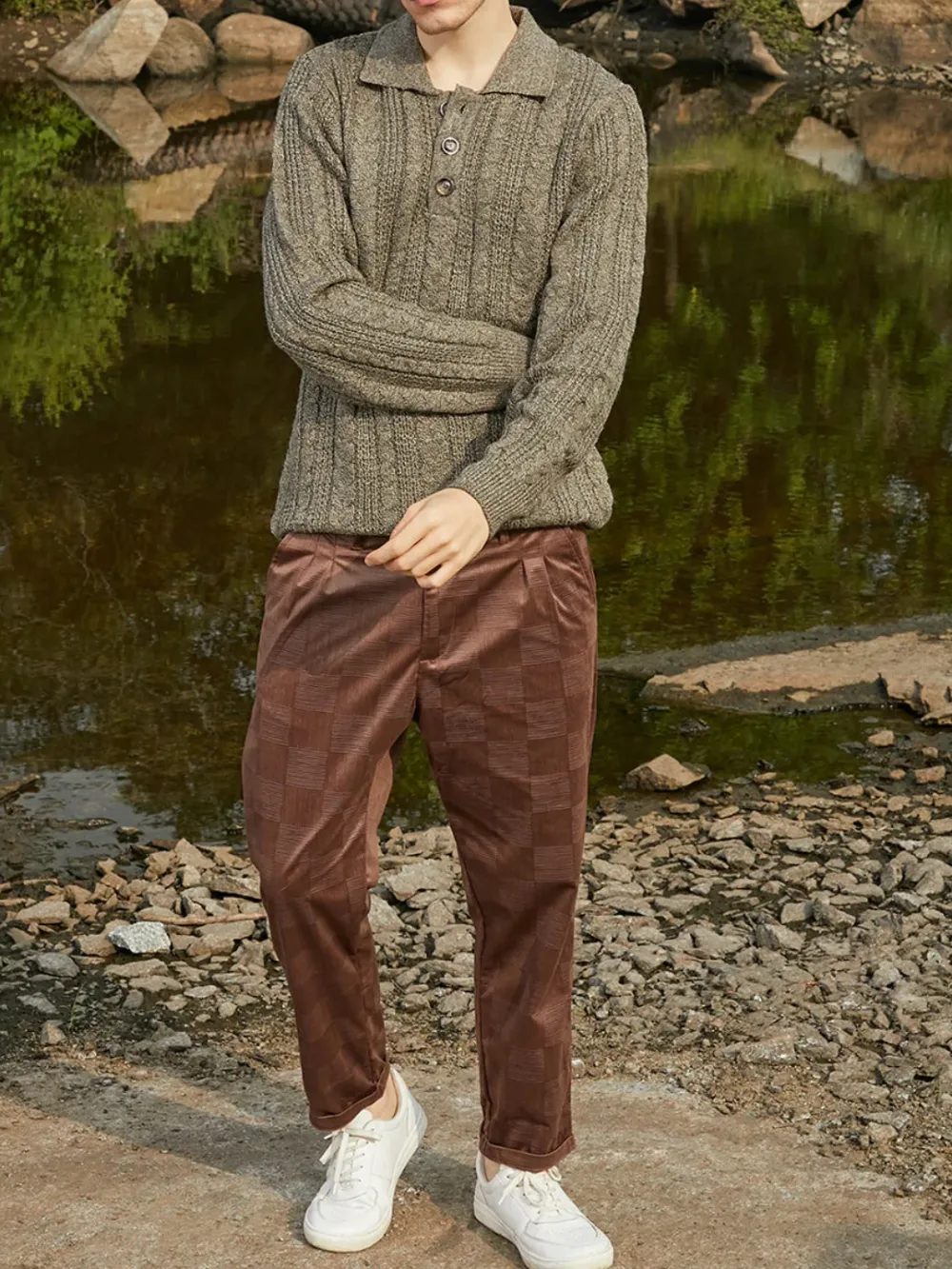 Green Casual Style Knit Collared Sweater