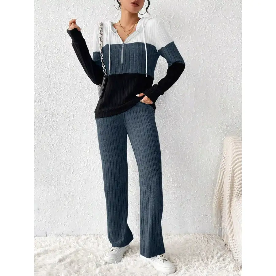 Block Half Zip Hooded Top and Pants Set