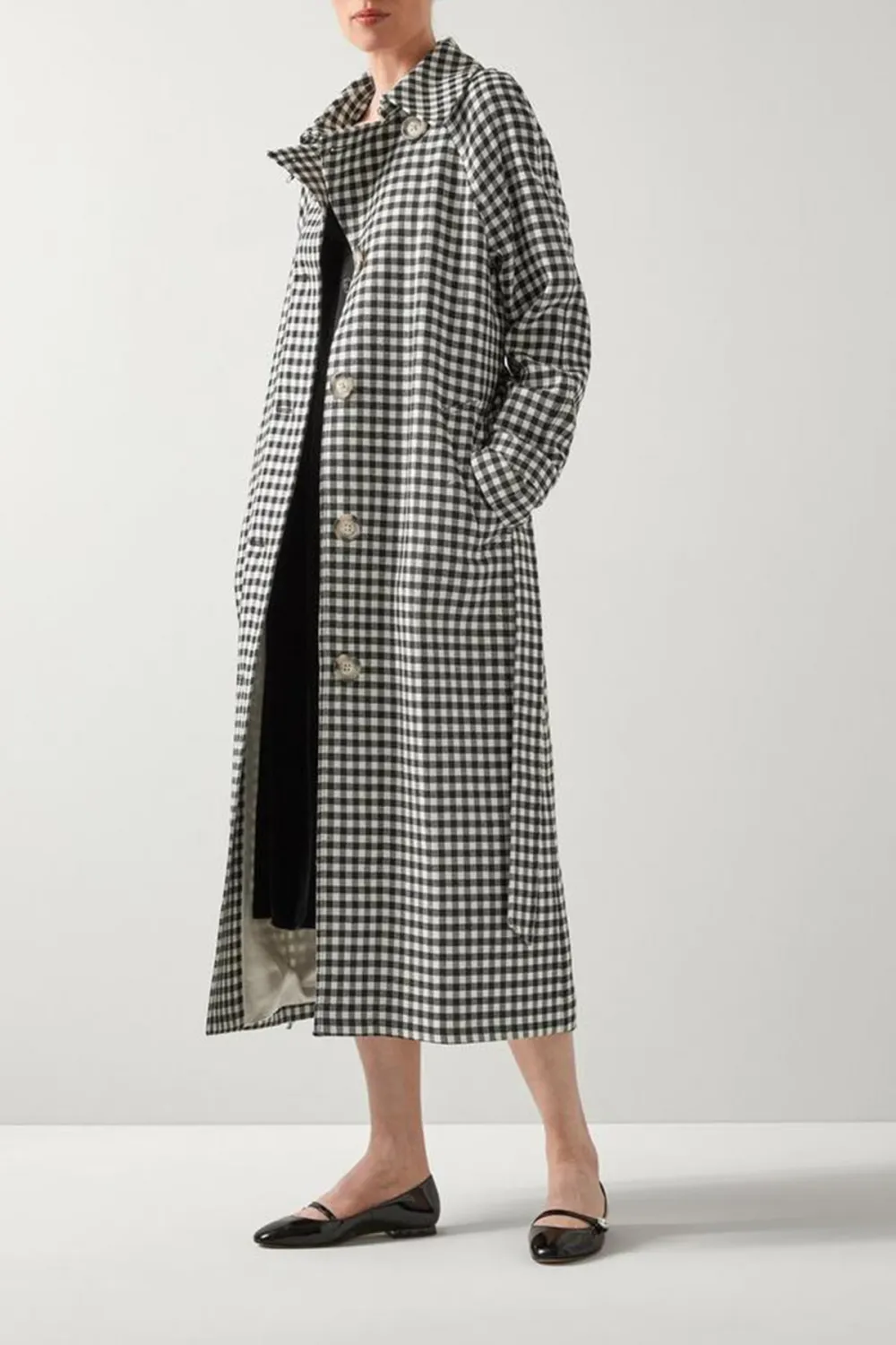 Black Cream Checkered Belted Long Coat