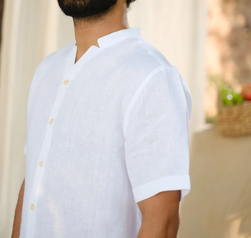 Pearl White Relaxed Linen V-Neck Shirt