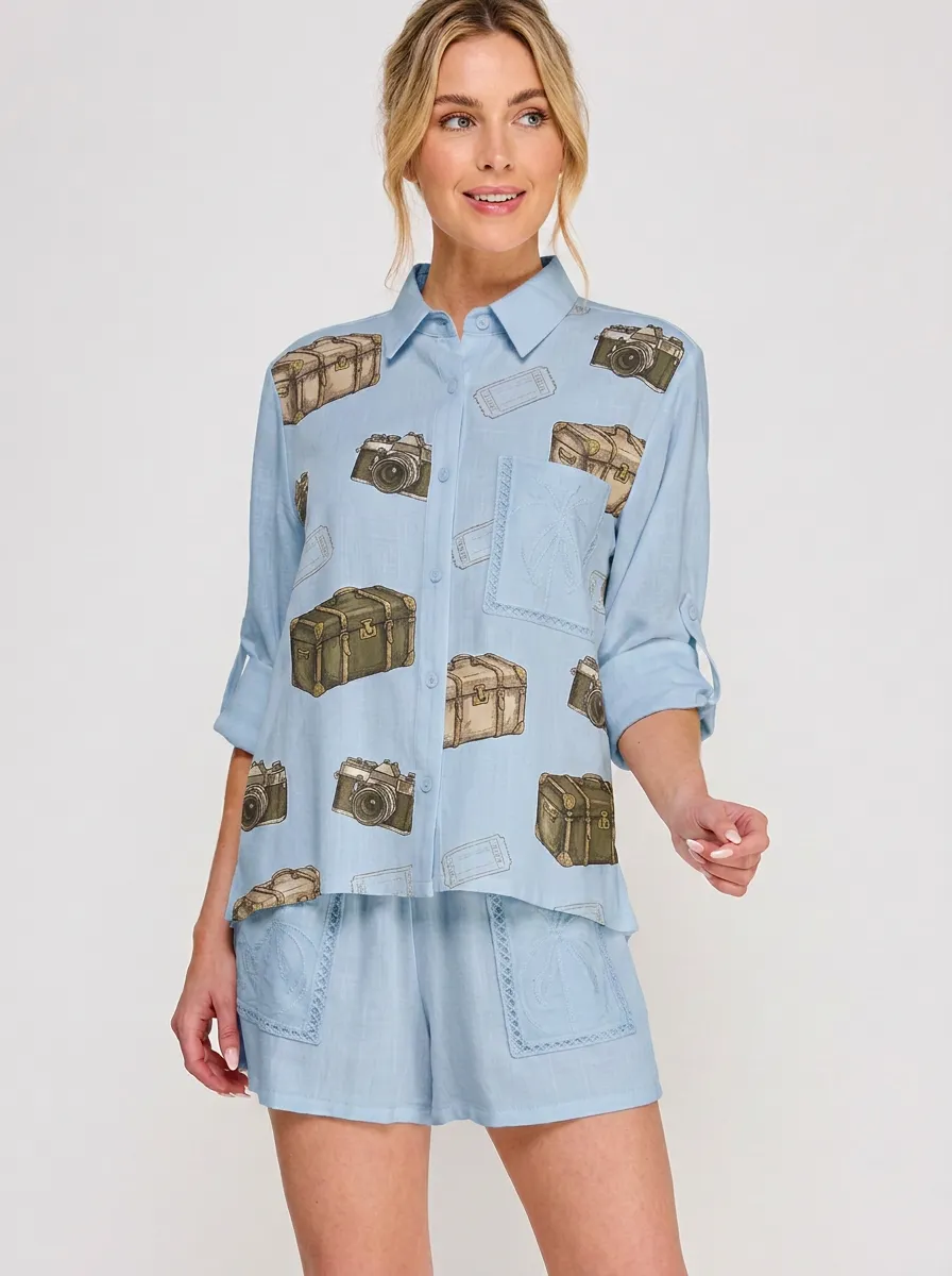Women's Travel Lover Vintage Camera Suitcase Printed Button-up Shirt