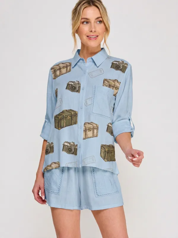 Women's Travel Lover Vintage Camera Suitcase Printed Button-up Shirt