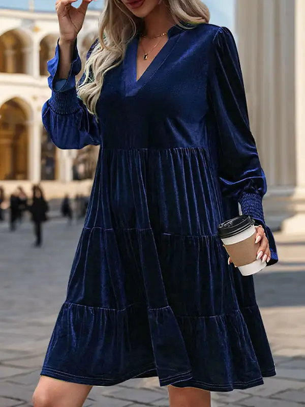 A Line Long Sleeve Pleated Solid Color Velvet V Neck Mini