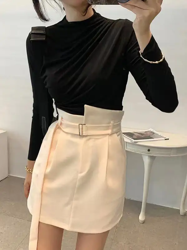 Long Sleeve Slim Fit Pleat Detail Mock Neck Cotton T-Shirt