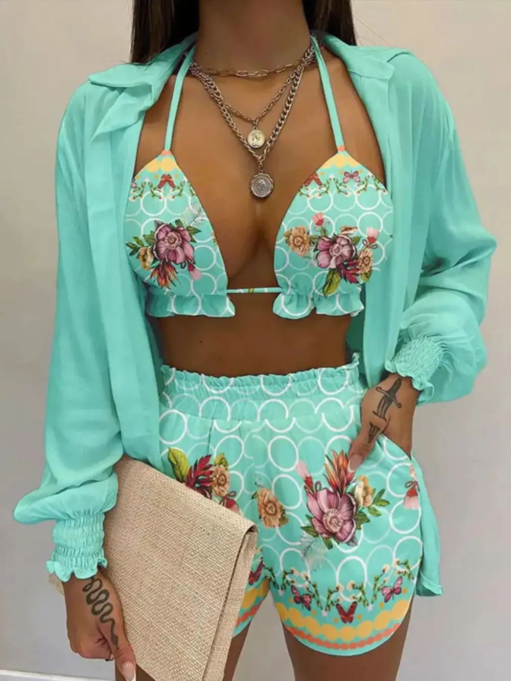 Halter Neck Cami & Shirt & Shorts Piece Outfit Set