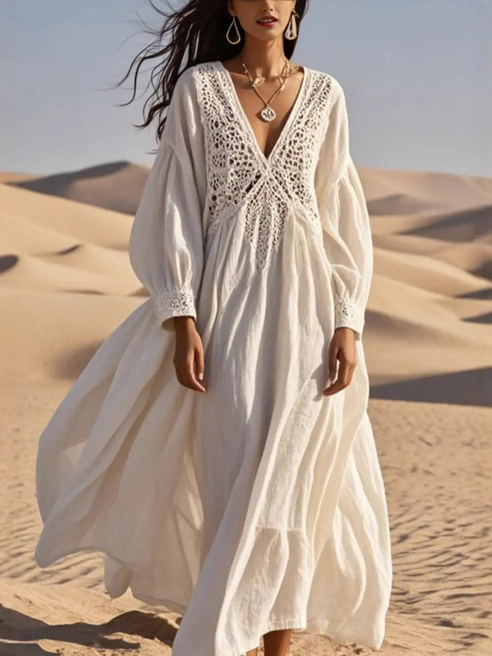 Crochet V Neck Midi Dress