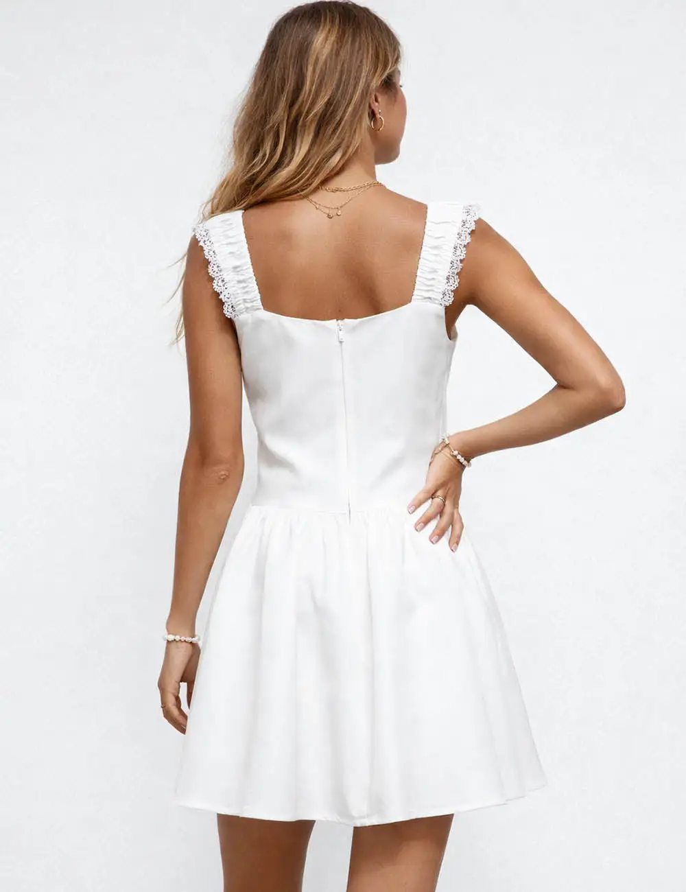 Romantic Lace Trim Strap Faux Button Mini Dress