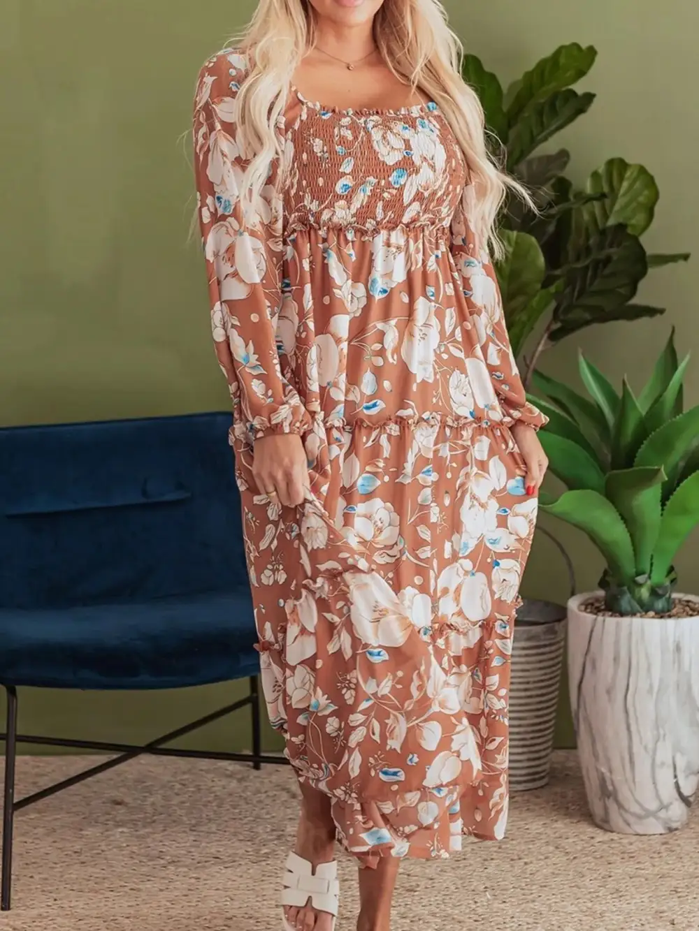 Printed Tiered Smocked Dress Casual