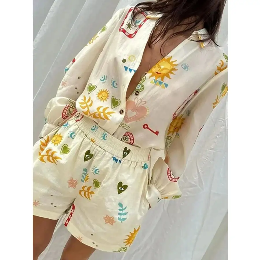 Everyday Button Up Long Sleeve Shirt and Shorts Set