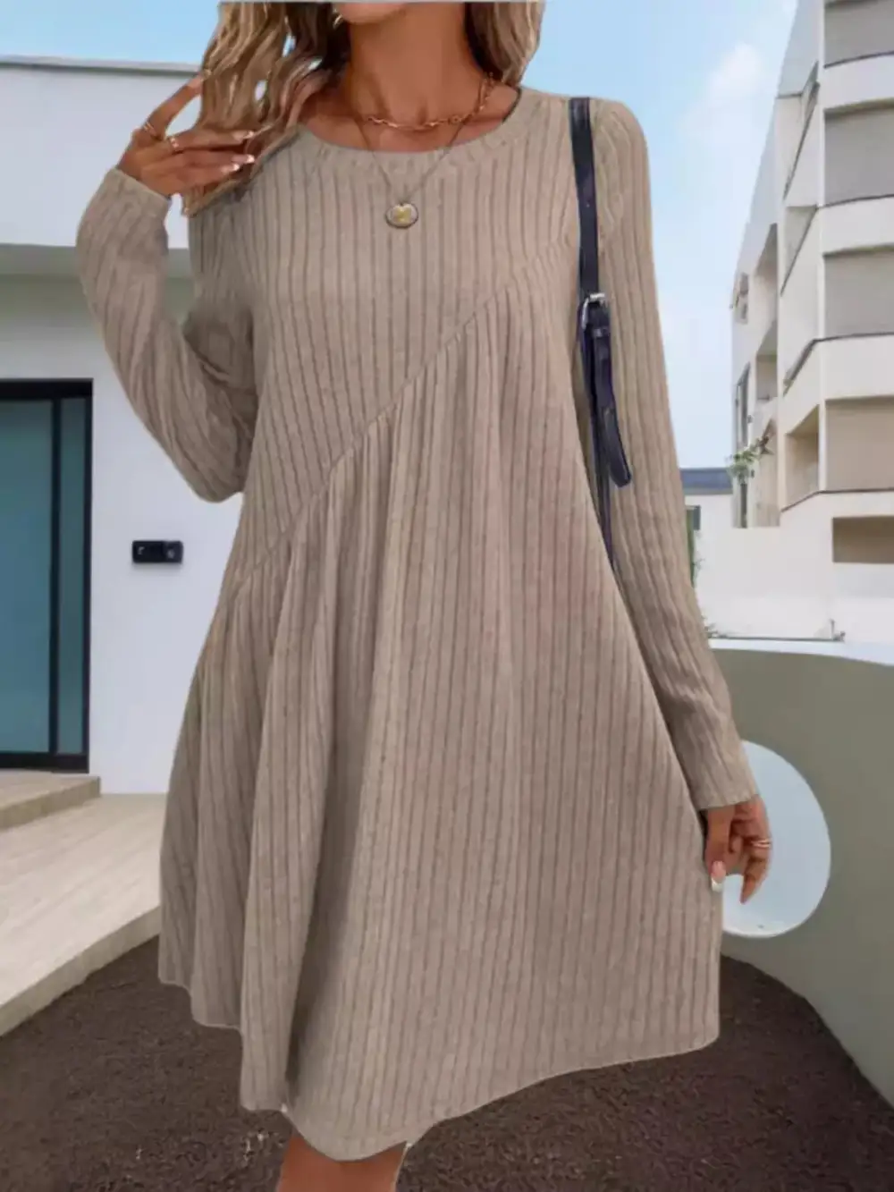 Layered Detail Ribbed Knit Long Sleeve Sweater Dress
