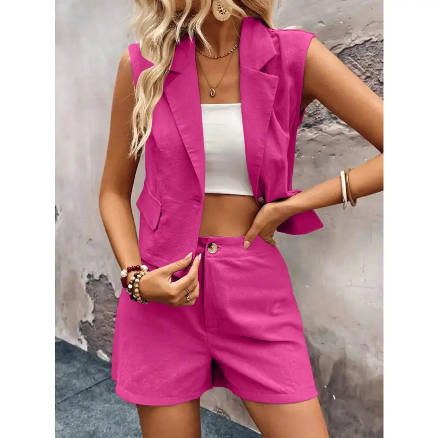 One Button Sleeveless Top and Shorts Set