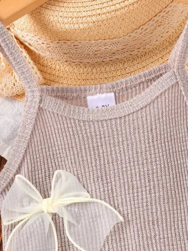 Girls Ribbed Knit Spaghetti Strap Dress With Bow