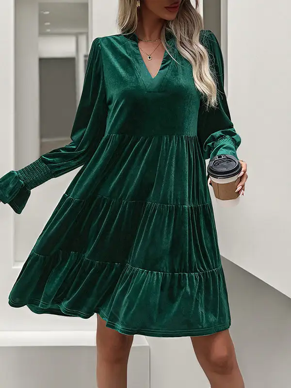 A Line Long Sleeve Pleated Solid Color Velvet V Neck Mini