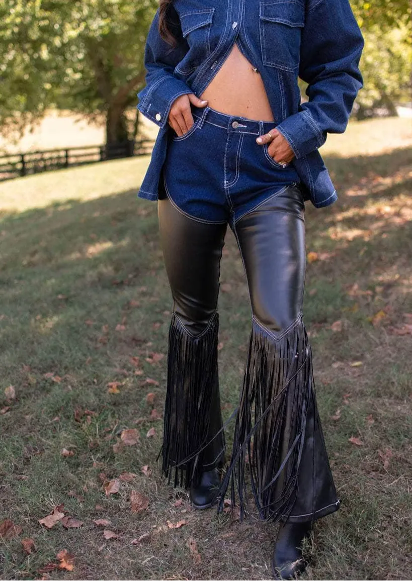 Fringe Flared Faux-Leather Pants