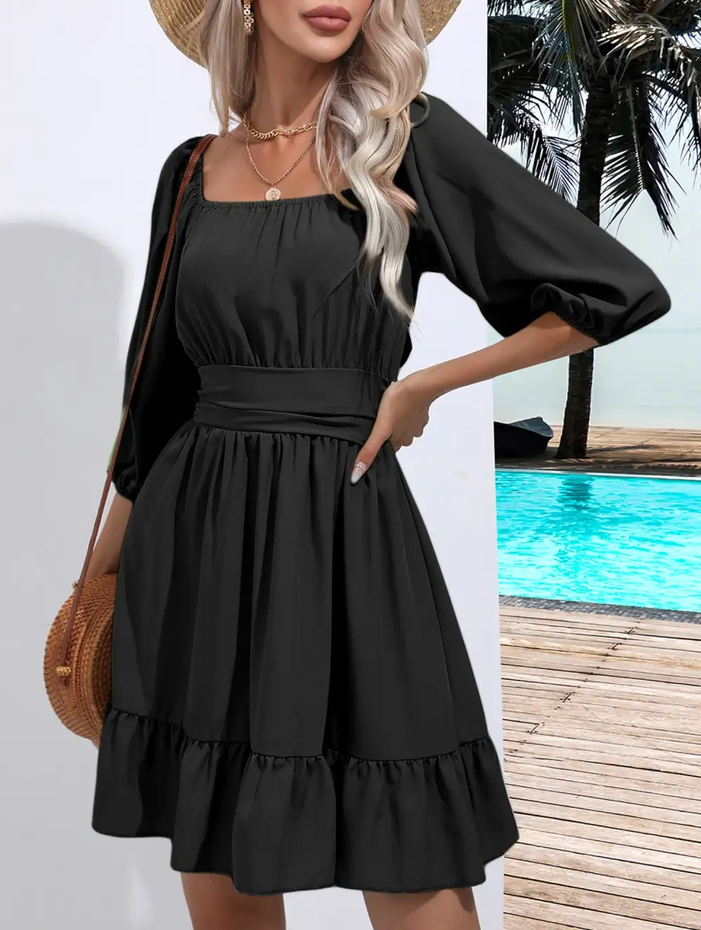 Square Neckline Ruffled Tie Up Short Dress
