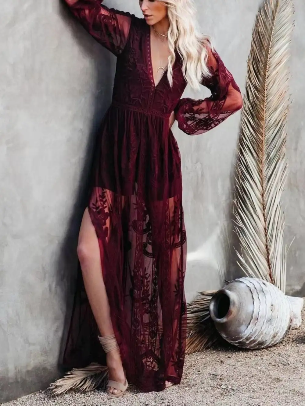 Floral Lace Slit Maxi Dress
