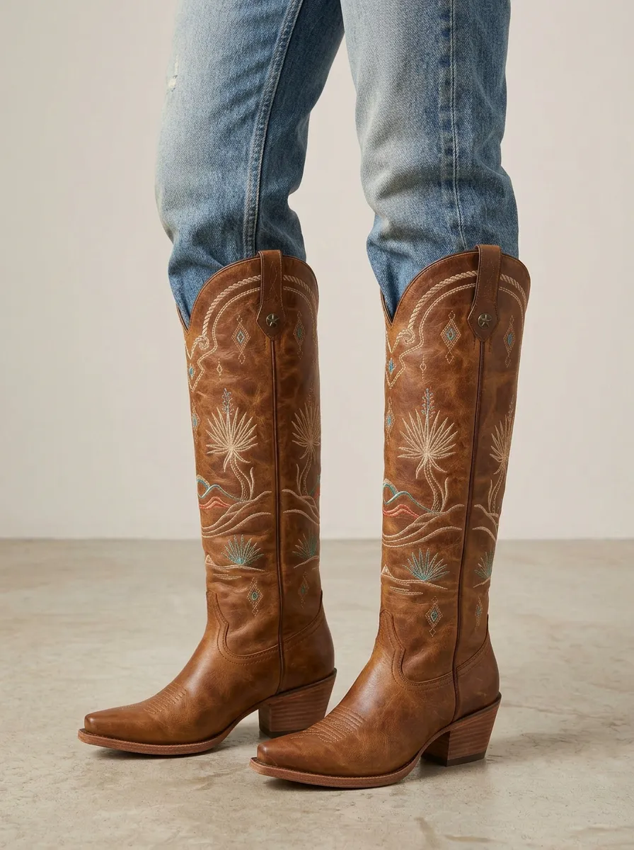 Women's Western Cactus Star Embroidered Pointed-Toe Block-Heel Denim Over-the-Knee Boots