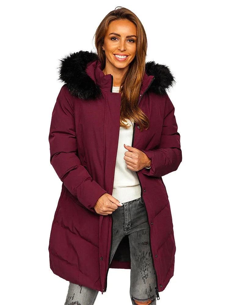 Wine Women's Quilted Winter Jacket With Hood