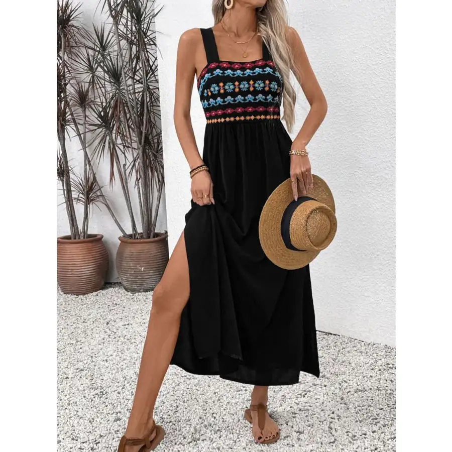 Perfee Embroidered Side Slit Sleeveless Midi Dress