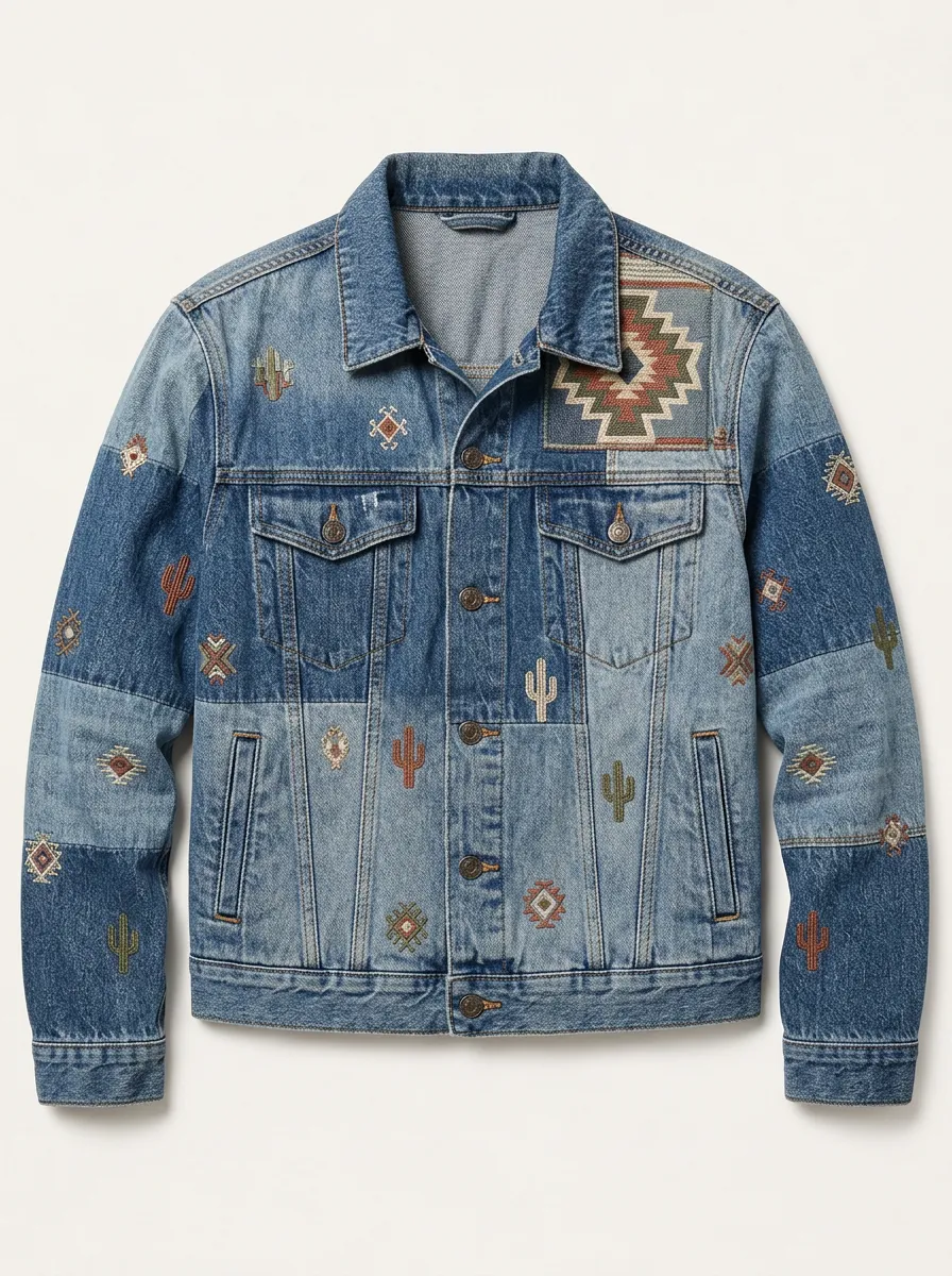 Men's Western Cactus Southwest Pattern Printed Denim Jacket