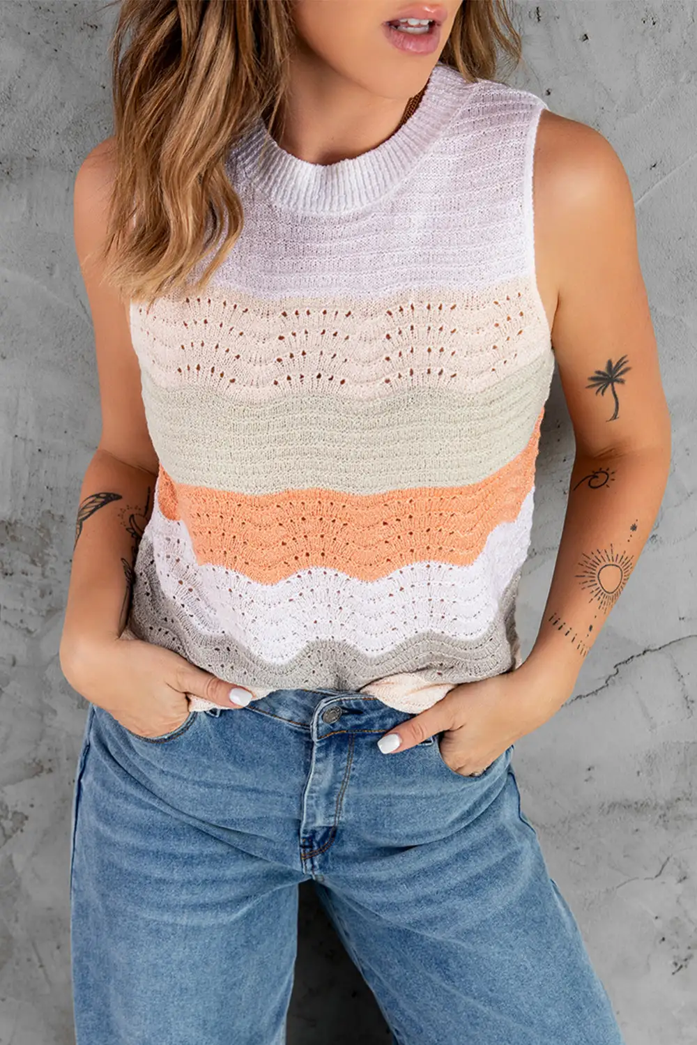 Block Knitted Crew Neck Tank Top