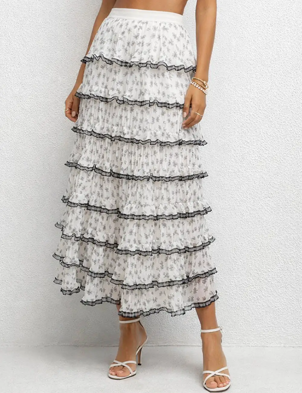 Color Block Tiered Ruffle Hem Mesh Maxi Skirt