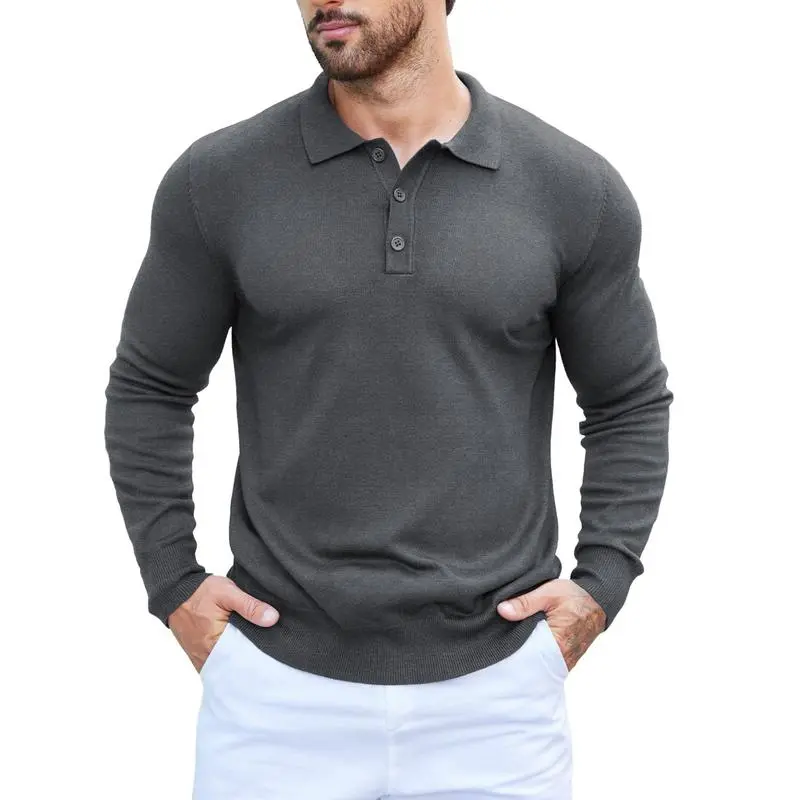 🧵 Men’s Soft Knit Long Sleeve Polo Shirt – Classic Style, Modern Comfort