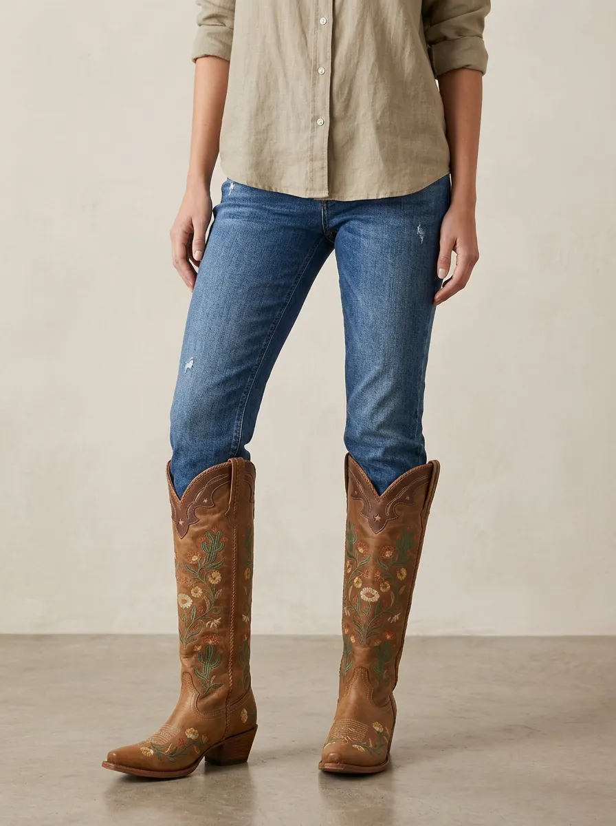 Women's Western Cactus Floral Embroidered Braided Piped Pointed-Toe Denim Over-the-Knee Boots