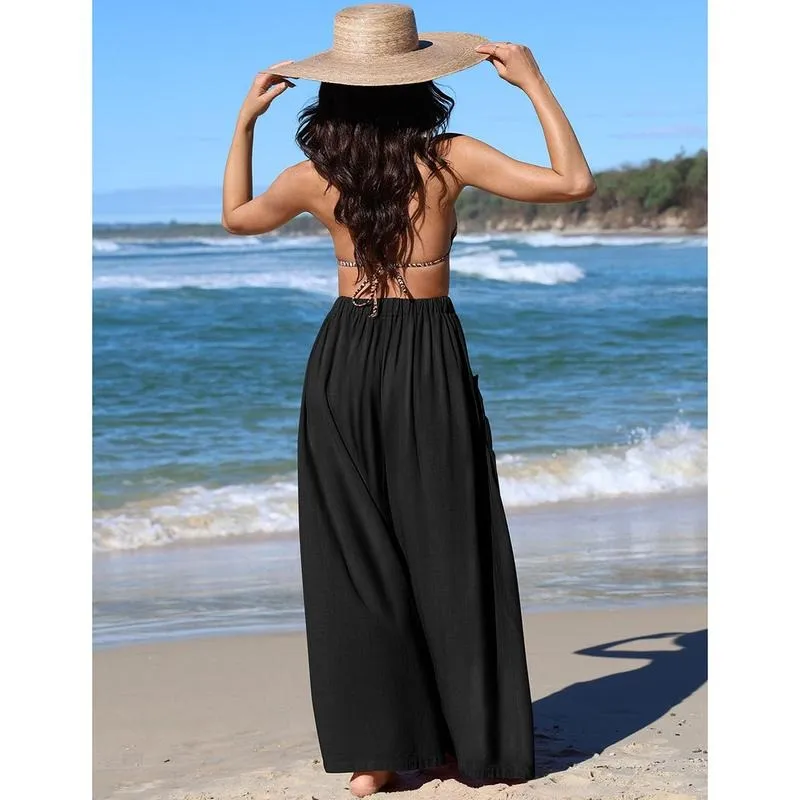 Women Linen Palazzo Pants Loose Fit Boho Wide Leg Summer Lounge Trousers Plus Size Drawstring Waist Casual Beach Travel Vacation Outfits woman wide leg pant