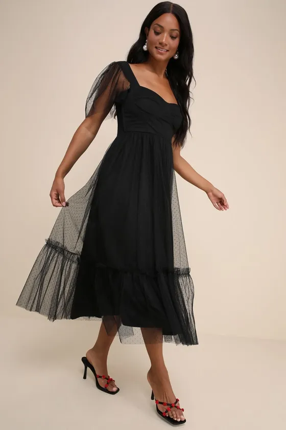 Dreamy Celebration White Tulle Bustier Swiss Dot Midi Dress