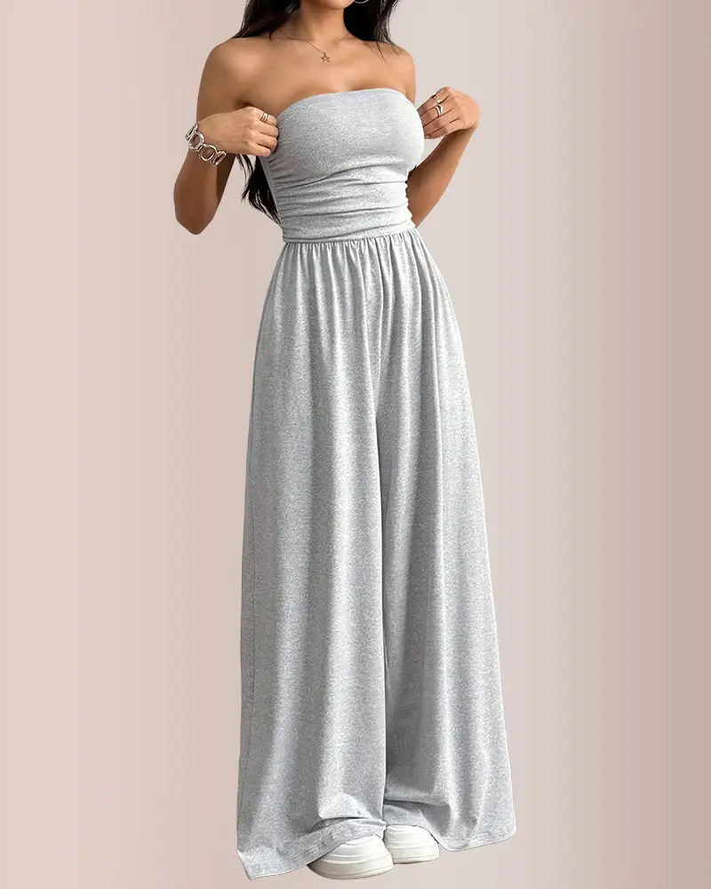 Strapless Ruched-Waist Wide-Leg Jumpsuit