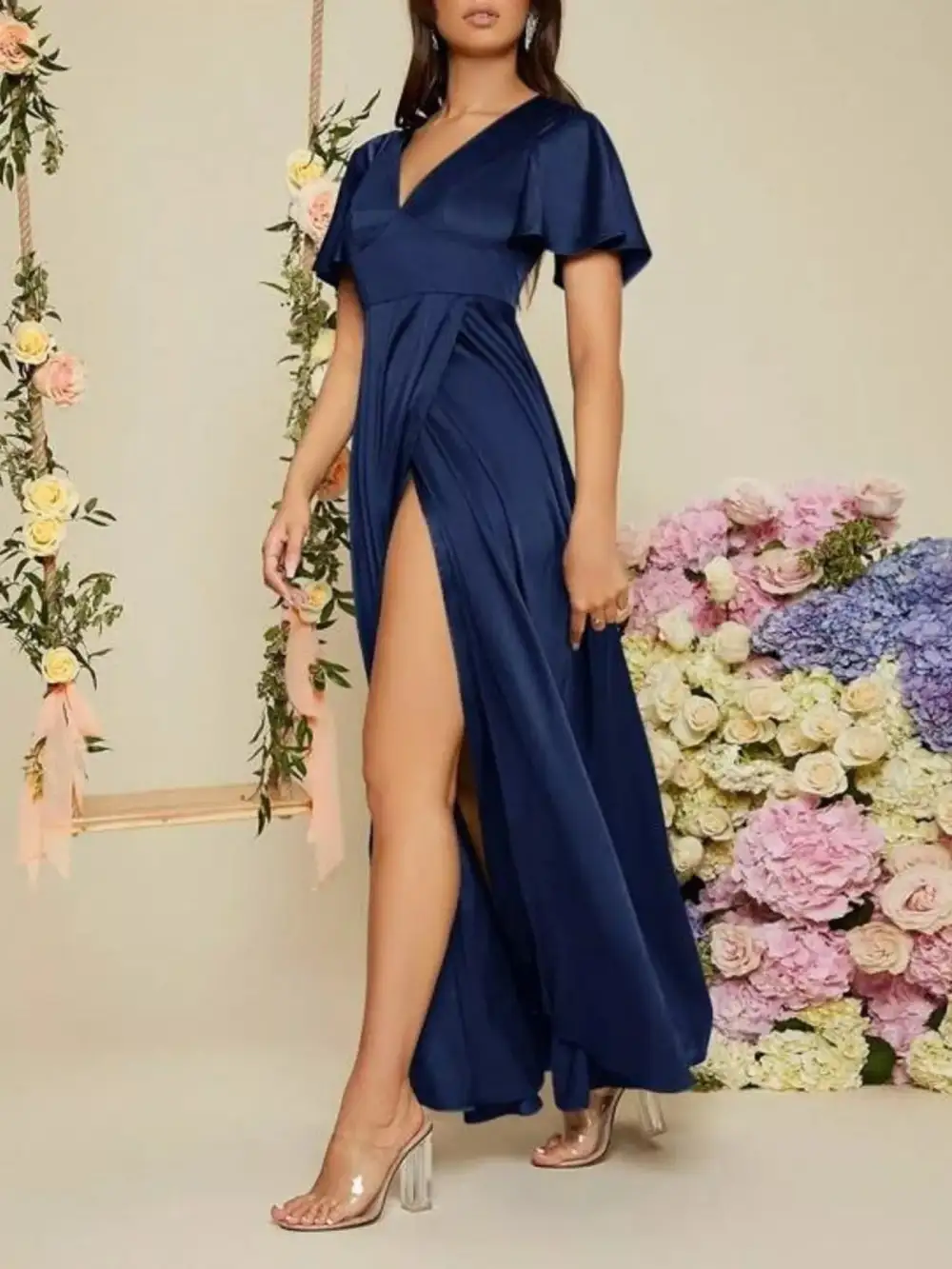 Slit Flutter Sleeve Maxi Dress