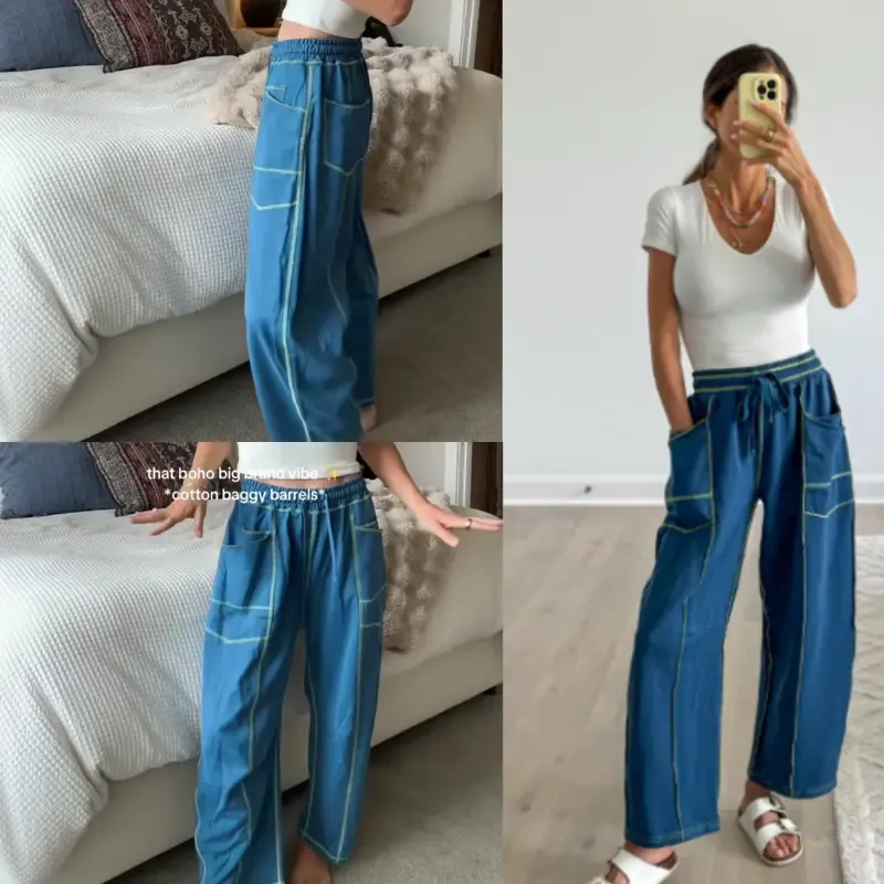 8PACKWomen'S Baggy Barrel Pants Wide Leg LoungeDrawstring Sweatpants With Pockets Minimalist BottomsCasual Style Comfortable Breathable