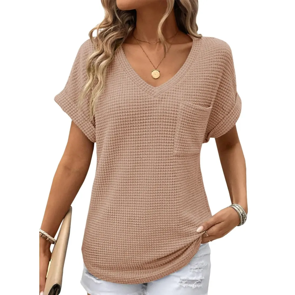 Women's Waffle Knit V-Neck Casual Summer Top