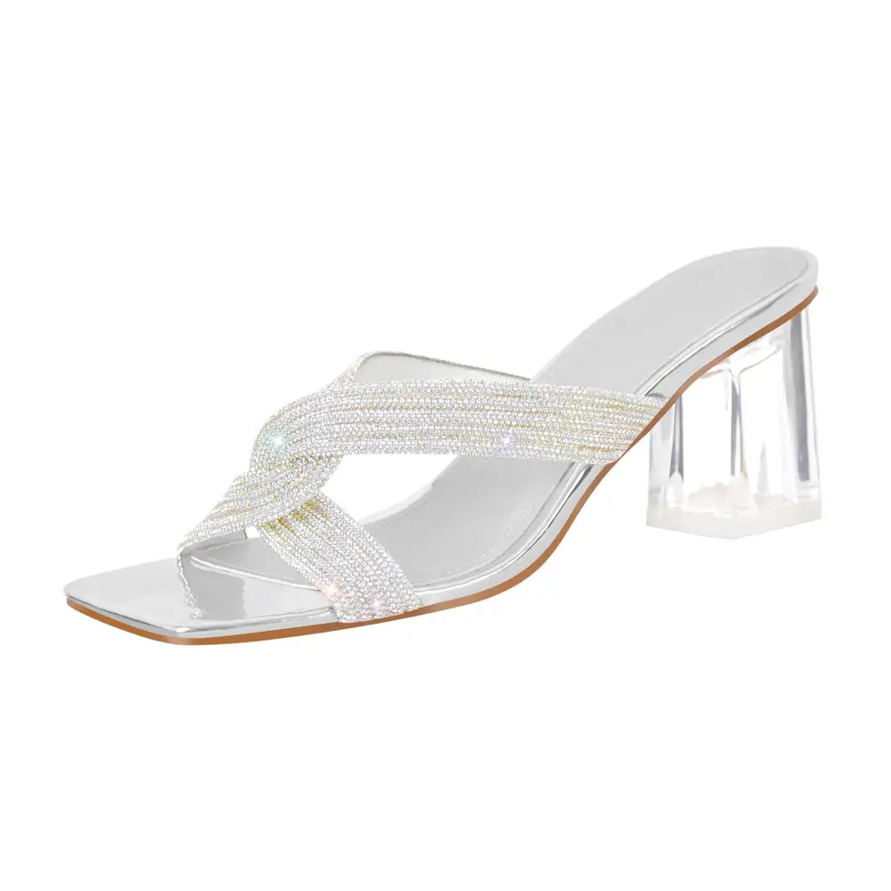 Rhinestone Strap Clear Block Mule Sandals
