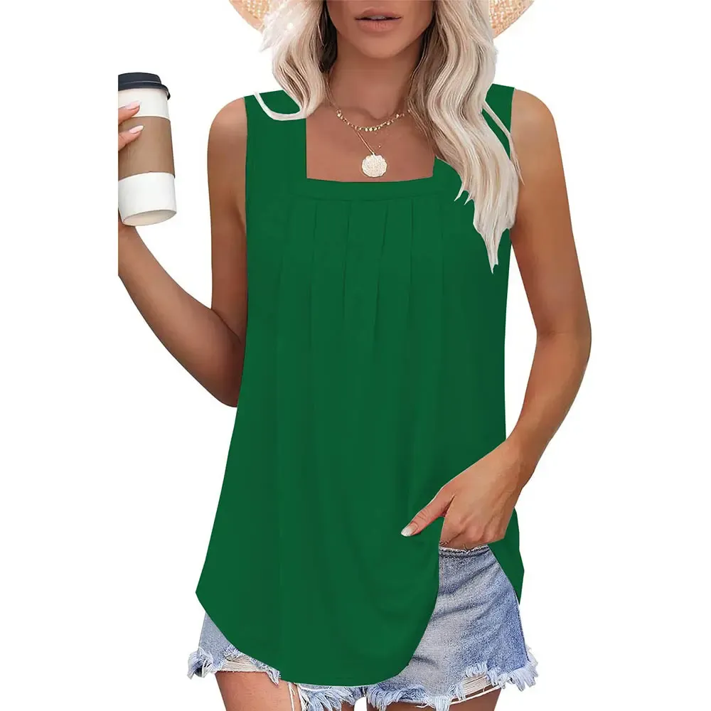 Summer Tank Tops for Women Loose Fit Pleated Square Neck Sleeveless Tops