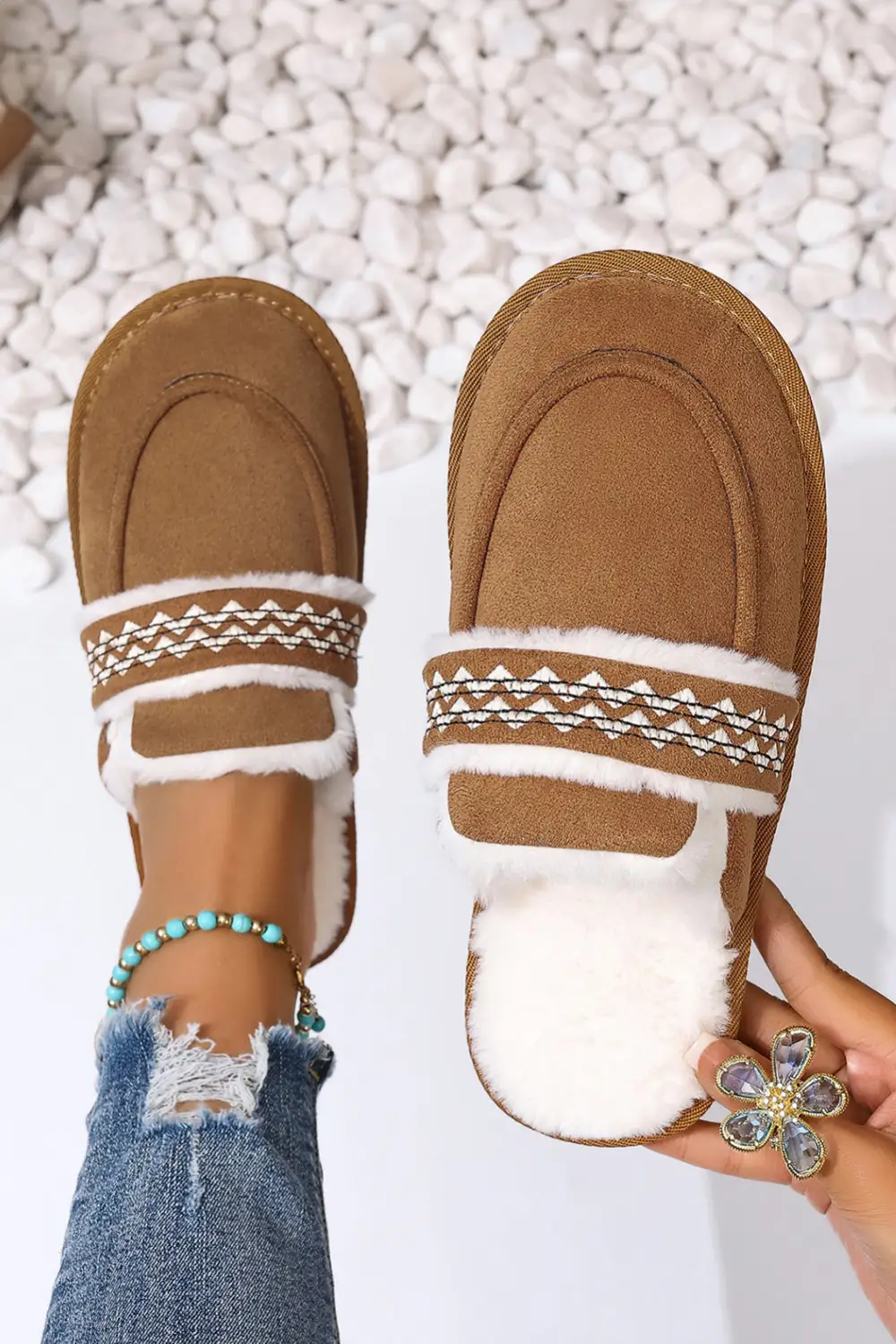 Suede Wavy Striped Plush Lined Home Slide Slippers