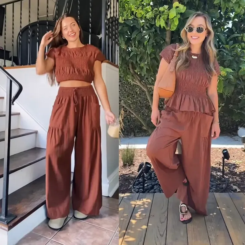 Women's Boho Chic Pleated Top & Wide-Leg Set