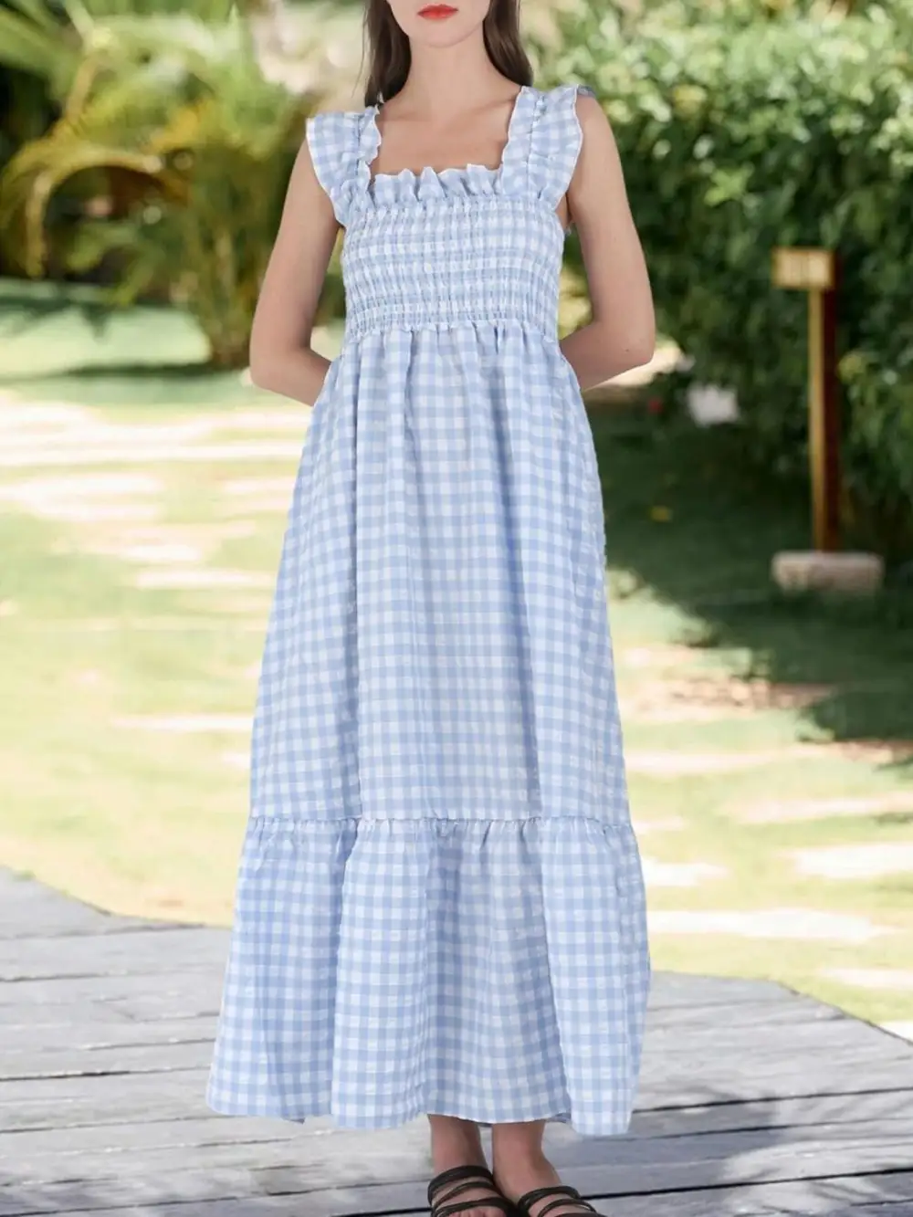 Plaid Ruffle Sleeveless Midi Dress
