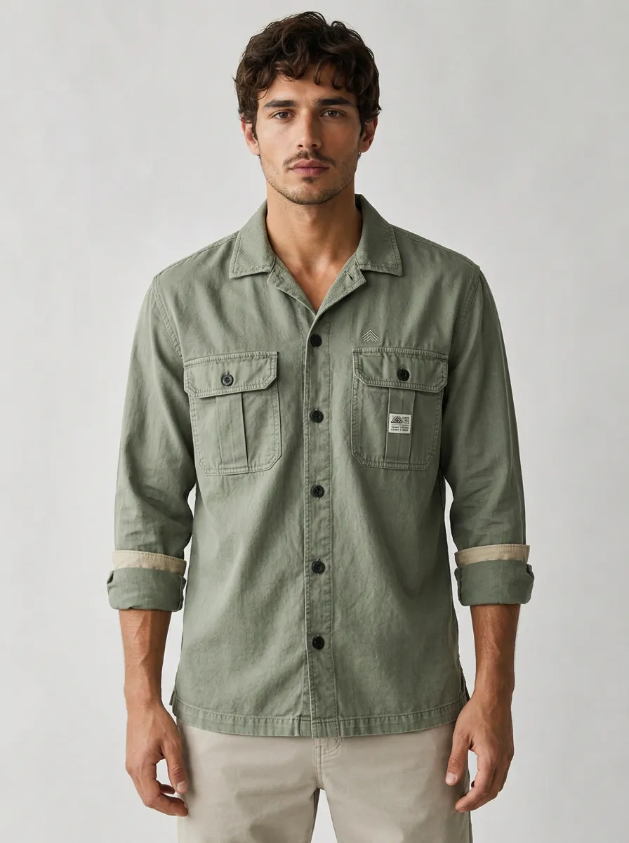 Men's Casual Outdoor Olive Green Pocketed Button-Down Shirt