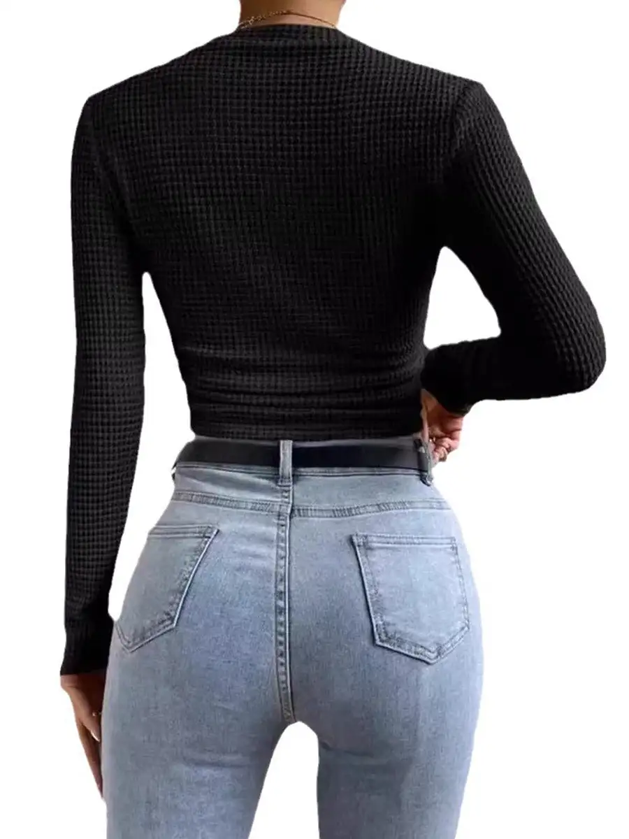 Long Sleeve Slim Fit Pleat Detail Panel Detail Textured Waffle Check Round Neck T-Shirt