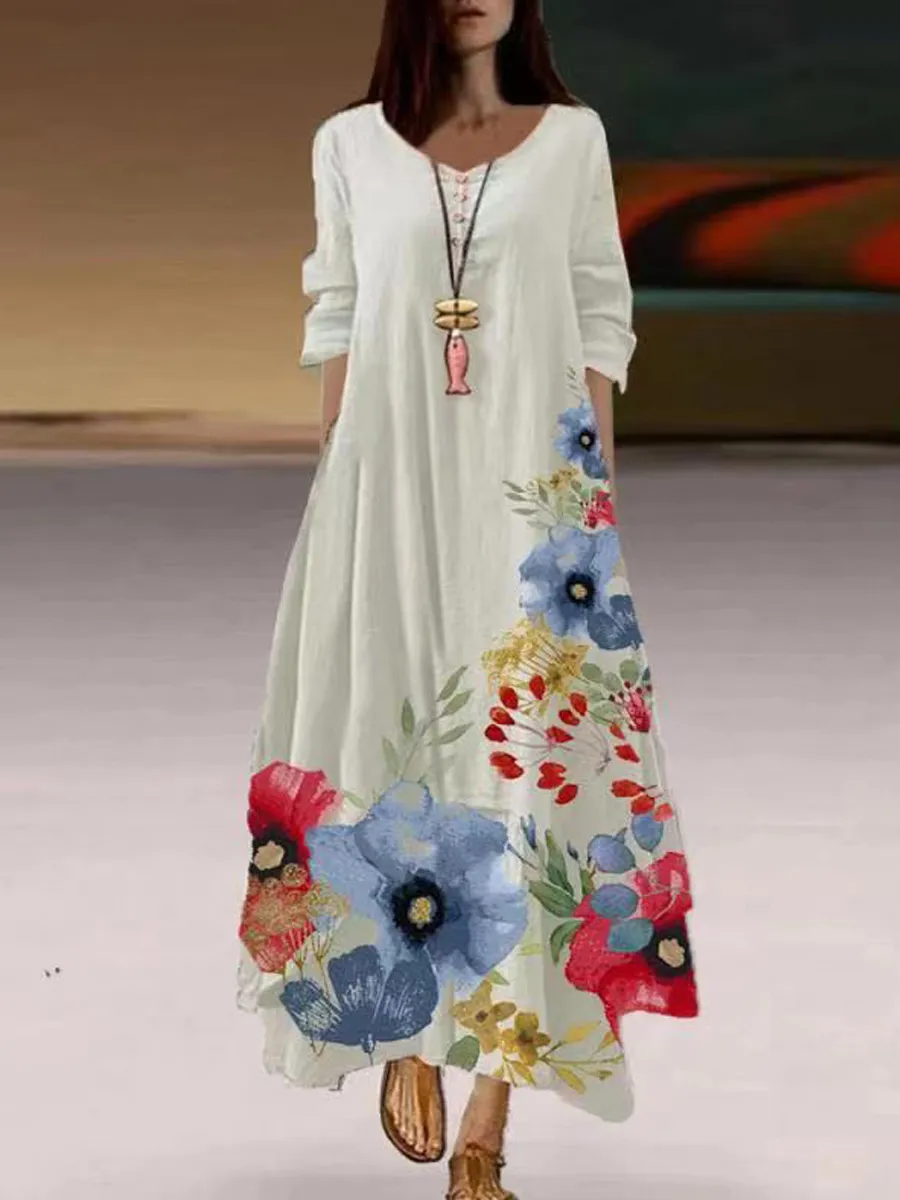 V-neck Loose Casual Floral Print Long Sleeve Maxi Dress