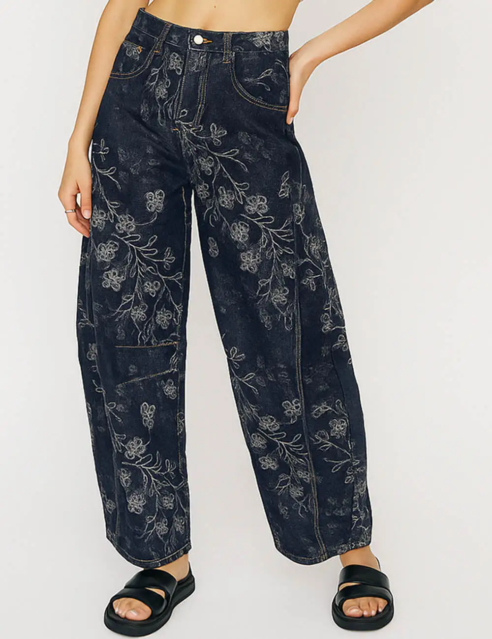 Vintage Jeans Floral Print Button Barrel Denim Pants