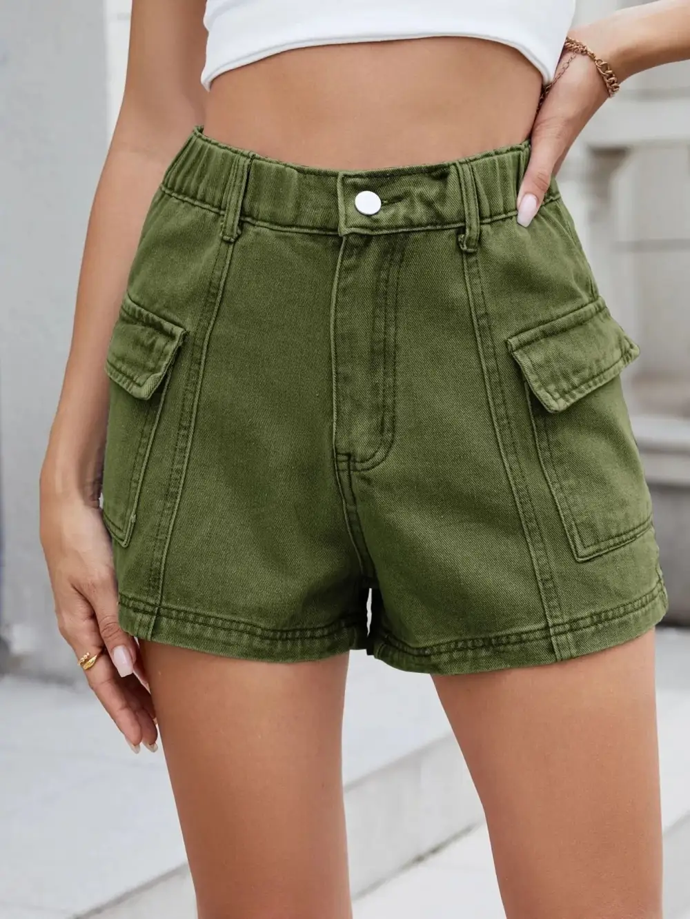 High-Waist Cargo Denim Shorts